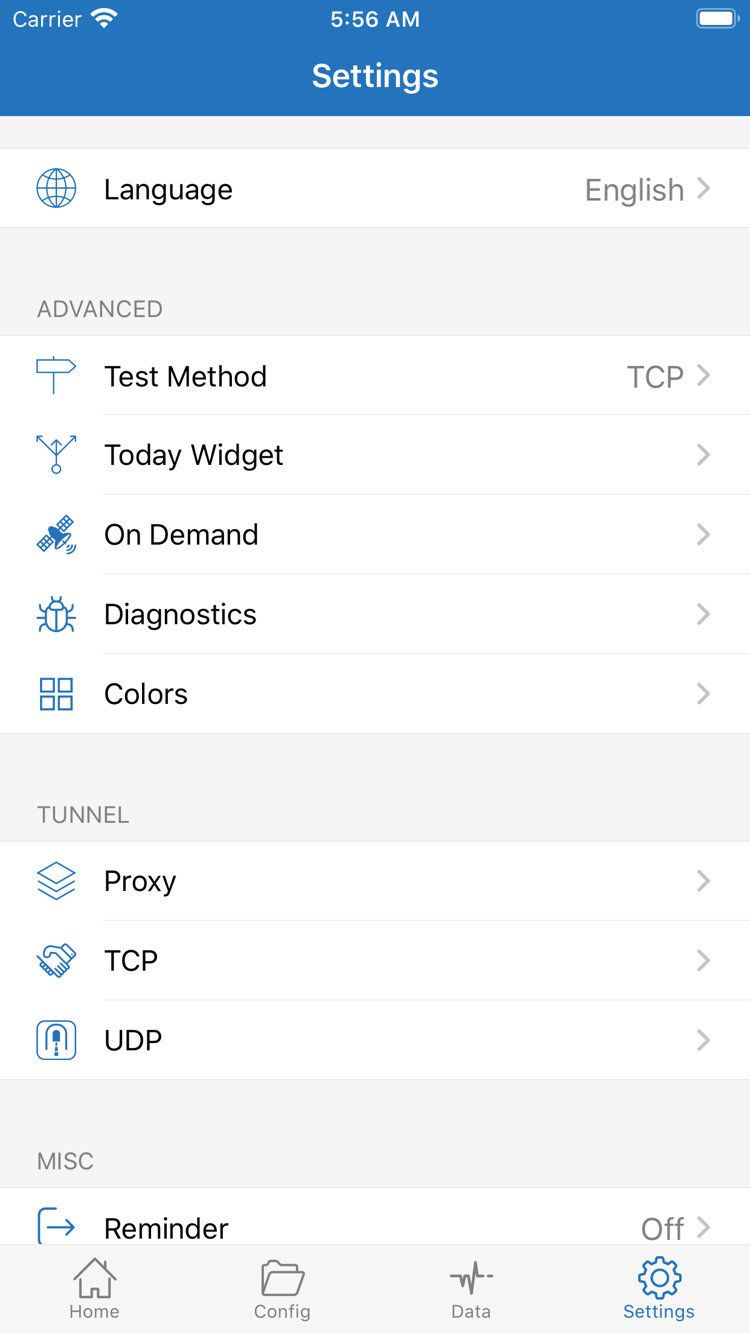 Shadowrocket's Settings screen, showing options for Language, Test Method, Today Widget, On Demand, Diagnostics, Proxy, TCP, and UDP