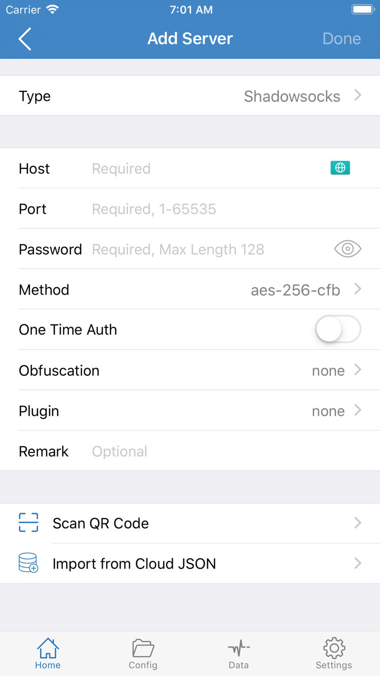 Shadowrocket's Add Server screen, showing Type, Host, Port, Password, Method, and the Scan QR Code and Import from Cloud JSON options