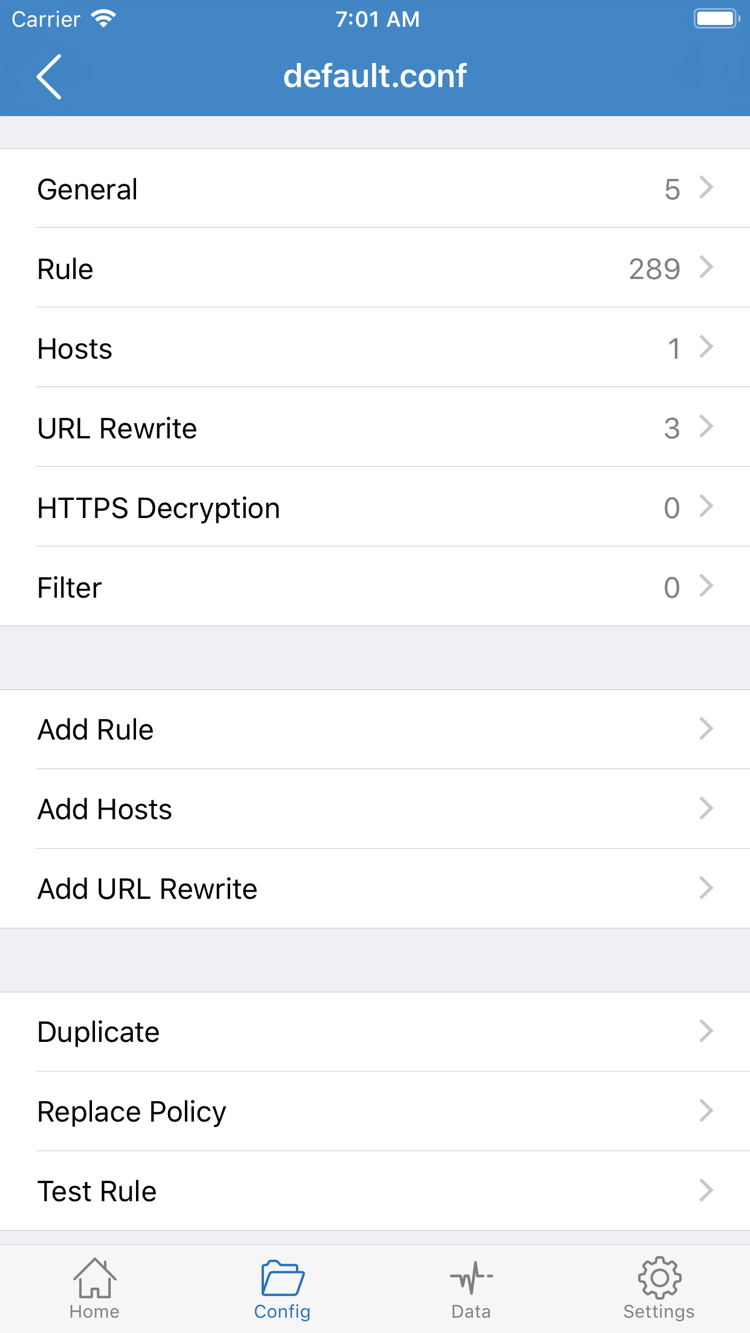 Shadowrocket's Config editor, showing the General, Rule, Hosts, URL Rewrite, and HTTPS Decryption sections, along with Add Rule