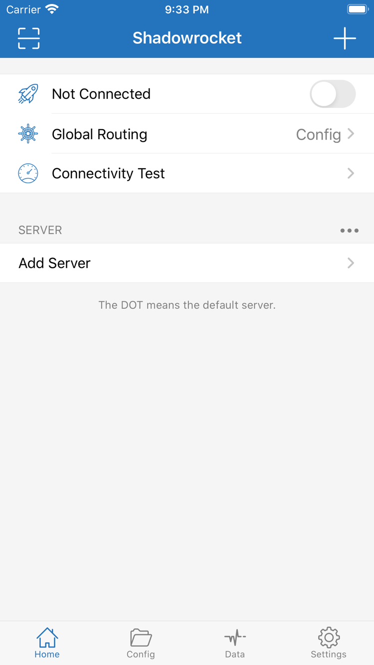 Shadowrocket Home 官方截圖，顯示連線開關、Global Routing 與 Add Server